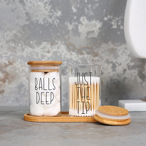 MOMEEMO Funny Qtip Holder and Cotton Ball Holder Set for Bathroom Organization. Apothecary Jars with Bamboo Tray are Great for Farmhouse Bathroom Decor, Rustic Bathroom Decor. (Glass&Tray)