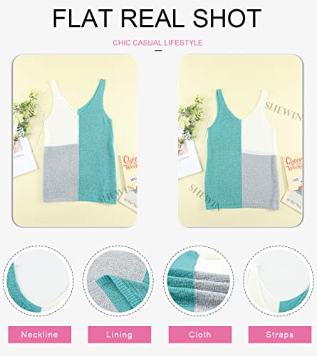 SHEWIN Women V Neck Color Block Tank Top Casual Lightweight Sleeveless Shirt Blouses Summer Loose Flowy Tank Tops for Women,US 16-18(XL),Sky Blue