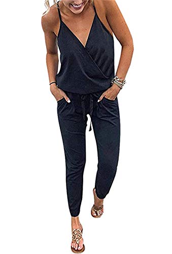 PRETTYGARDEN Women's Summer Deep V Neck Spaghetti Strap Drawstring Waist Jumpsuit Romper with Pockets