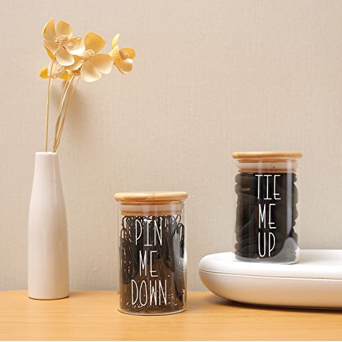 MOMEEMO Apothecary Jars with Lids for Bathroom Storage Organizer, Hair Tie Organizer & Bobby Pin Holder are Great for Bamboo Bathroom Accessories, Bathroom Decor Farmhouse Style. (Hair Ties & Pins)