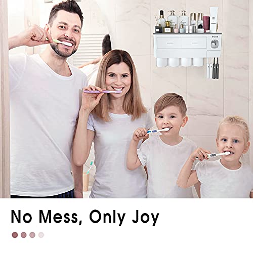 iHave Toothbrush Holders for Bathrooms, 4 Cups Toothbrush Holder Wall Mounted with Toothpaste Dispenser, Large Capacity Tray, 2 Cosmetic Drawer and 7 Brush Slots with Cover Tooth Brush Holder