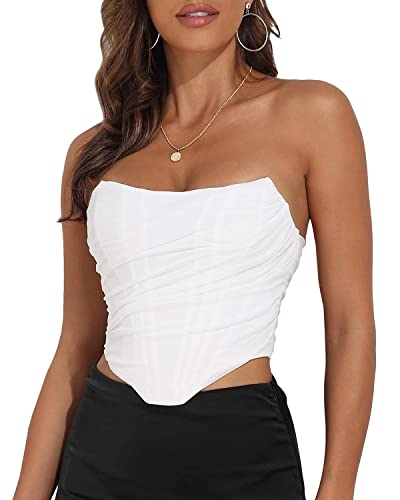 Modegal Women's Vintage Strapless Open Back Boned Mesh Bustier Zip Back Corset Bodyshaper Crop Top (White, 6-8)