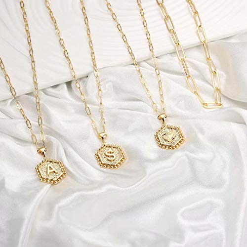 Gold Layering Initial Necklaces for Women, 14K Gold Plated Paperclip Chain Necklace for Women Simple Cute Hexagon Letter Pendant Initial K Necklace Choker Necklaces Dainty Layered Necklaces for Women