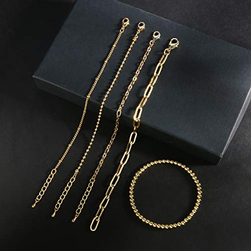 Gold Chain Bracelet Sets for Women Girls 14K Gold Plated Dainty Link Paperclip Bracelets Stake Adjustable Layered Gold Bracelet for Women Trendy Gold Jewelry For Women