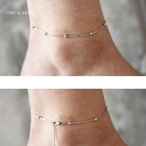 CHIC & ARTSY Ankle Bracelets 925 Sterling Silver Beaded Chain Anklets for Women Simple Foot Jewelry