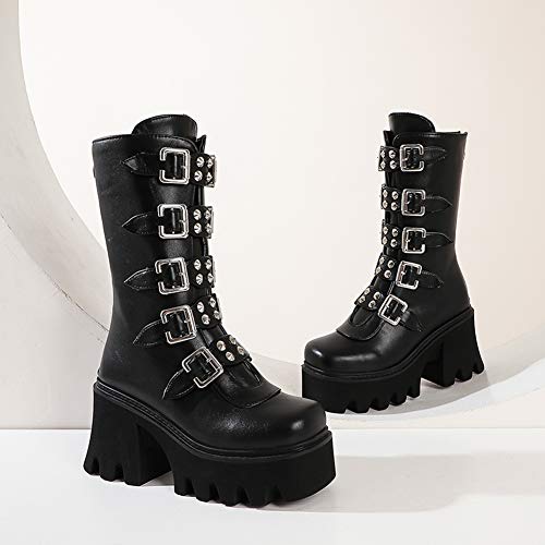 DETOGNI Women's Fashion Studded Chunky Heels Round Toe Mid Calf Biker Boots Classic Rivet Buckle Trims Back Zipper Thick Sole Goth Platform Boots (Black US11)