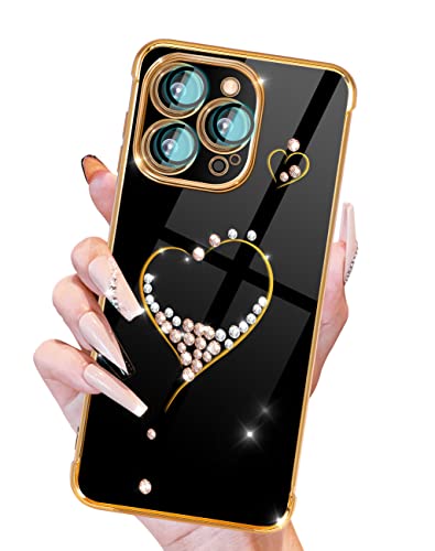 Petitian for iPhone 13 Pro Max Case, Cute Women Girls Bling Glitter Heart Designed Phone Cases for iPhone 13 Pro Max, Girly Gold Plating Phone Cover for 13 Promax with Camera Protector Black