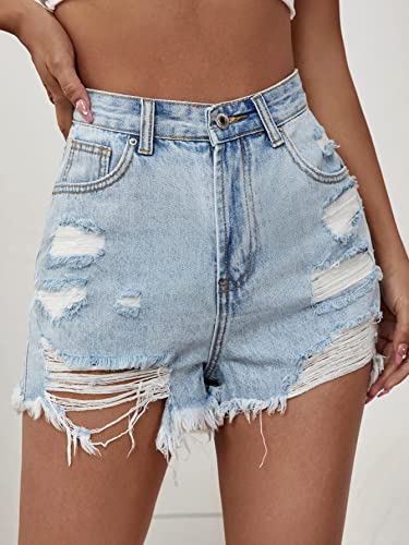 Floerns Women's Ripped Raw Hem High Waisted Distressed Denim Shorts A Light Wash M