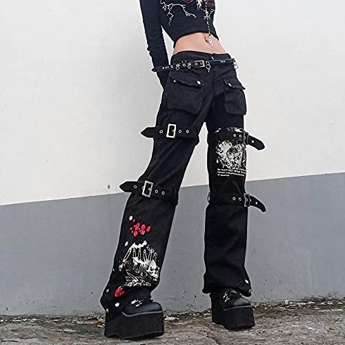 NUFIWI Women Gothic Cargo Pants Loose Low Waist Trousers Wide Leg Baggy Jeans Harajuku Streetwear Punk(Buckle Black,S)