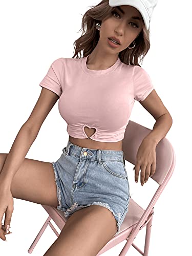 SOLY HUX Women's Summer Crop Top Short Sleeve T Shirt Cut Out Tee Light Pink M