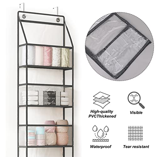 Fixwal Over The Door Hanging Pantry Organizer 5-Shelf Room Organizer with Clear Plastic Pockets Behind The Door Storage Organizer Large Capacity Door Organizer for Closet Bedroom Bathroom (Grey)