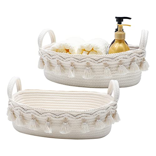 Small Boho Decor Storage Basket Macrame Cotton Rope Woven Baskets for Organizing Toilet Paper Baskets for Bathroom Decor Decorative Basket for Bedroom Nursery Livingroom Entryway,Set of 2,White