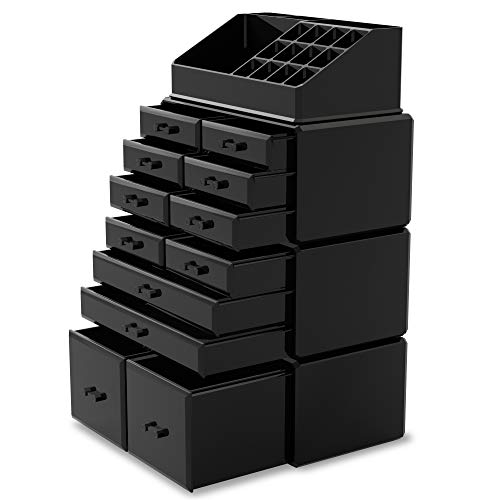 READAEER Makeup Cosmetic Organizer Storage Drawers Display Boxes Case with 12 Drawers (Black)