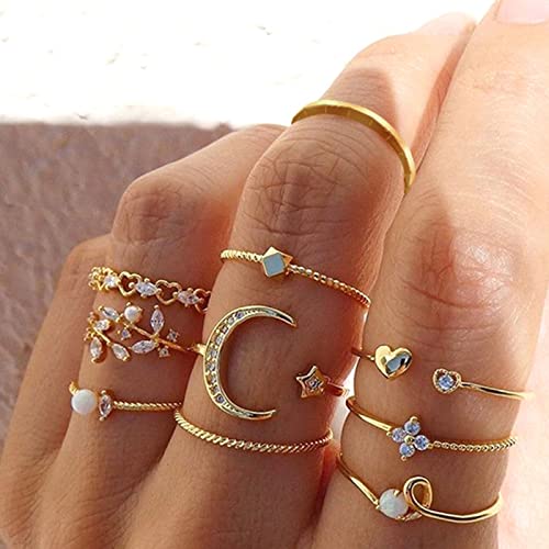 HUASAI Gold Stacking Rings for Women Butterfly Knuckle Rings Snake Rings Moon Star Rings Heart Stacking Rings for Girls(Moon Star Ring Set)