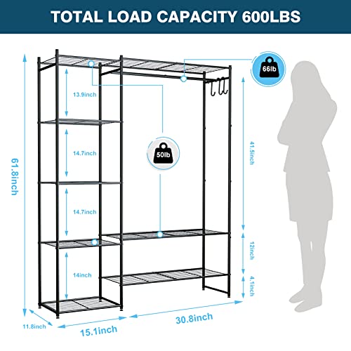 Neprock Clothing Rack with Shelves, Portable Wardrobe Closet for Hanging Clothes with Hanging Rods, Free Standing Closet Rack Shelves Closet Organizers and Storage