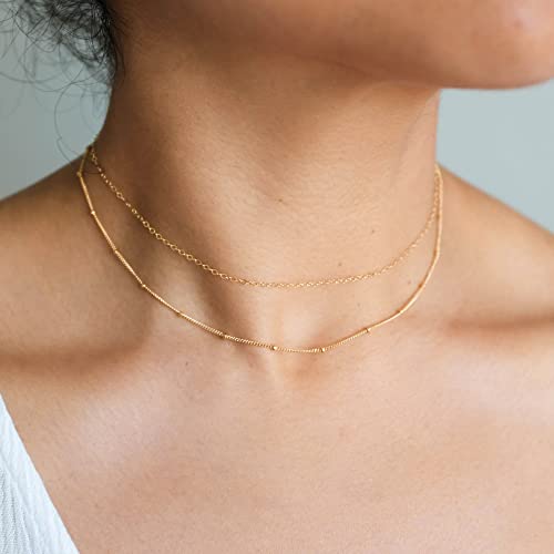 CHESKY Gold Choker Dainty Layered Necklaces for Women, 14k Gold Plated Beaded Choker Layering Satellite Paperclip Chain Necklace, Minimalist Simple Layered Bead Double Necklaces Jewelry Gift