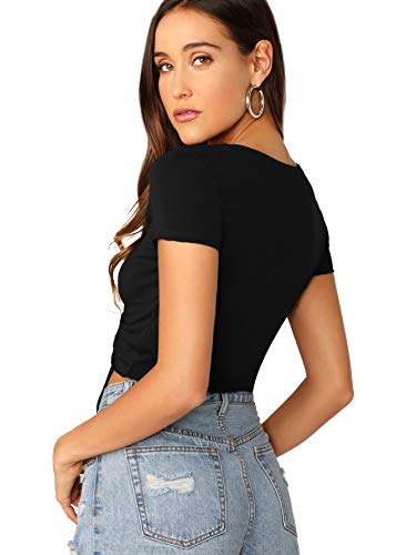 Verdusa Women's Ruched Drawstring Front V Neck Crop Tee Top Black M