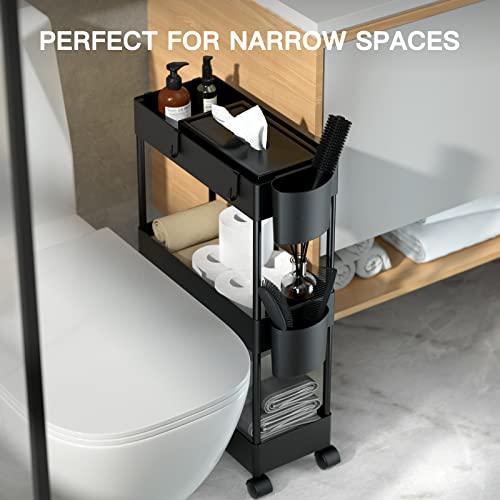 Pipishell Slim Storage Cart with Wheels, Bathroom Cart Organizer Small, Rolling Cart for Bathroom, Laundry Room, Kitchen, Narrow Space, Black PIUC04