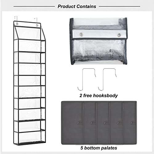 Fixwal Over The Door Hanging Pantry Organizer 5-Shelf Room Organizer with Clear Plastic Pockets Behind The Door Storage Organizer Large Capacity Door Organizer for Closet Bedroom Bathroom (Grey)