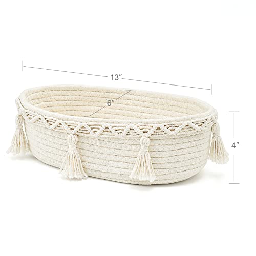 Mkono Small Macrame Storage Basket for Toilet Tank Top Boho Bathroom Decor Woven Cotton Rope Back of Toilet Organizer Tray for Counter Shelf Table Bedroom Living Room Nursery, Ivory, 1 Pack