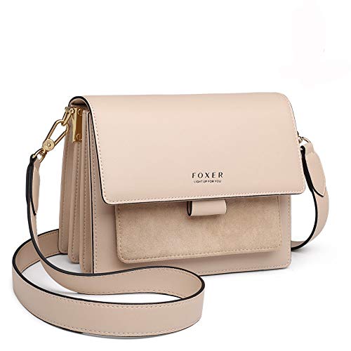 Women's Crossbody Shoulder Bag Split Leather Small Flap Lady Purse Female Cross Body Bag (Apricot)