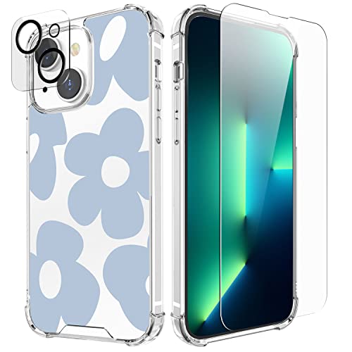 Cutebe [3 in 1 Crystal Phone Case for iPhone 13(2021)/iPhone 14(2022) 6.1", Cute Protective Cover with 9H Temper Glass Screen Protector + HD Temper Camera Lens Protector for Women, Girls