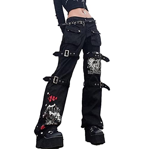 NUFIWI Women Gothic Cargo Pants Loose Low Waist Trousers Wide Leg Baggy Jeans Harajuku Streetwear Punk(Buckle Black,S)