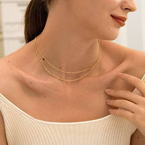 CHESKY Gold Choker Dainty Layered Necklaces for Women, 14k Gold Plated Beaded Choker Layering Satellite Paperclip Chain Necklace, Minimalist Simple Layered Bead Double Necklaces Jewelry Gift