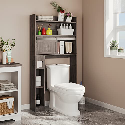 Furniouse Over The Toilet Storage Cabinet, 6-Tier Bathroom Rack Over The Toilet, Toilet Organizer Rack, Bathroom Shelf, and Cabinet with Sliding Barn Door for Bathroom, Restroom, Laundry