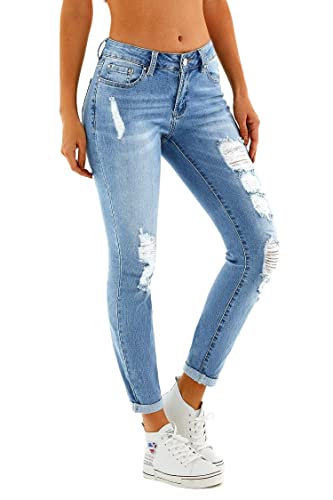 RHODANTHE Women's Ripped Boyfriend Jeans Stretch Skinny Trendy Jean Women Straight Distressed Jeans