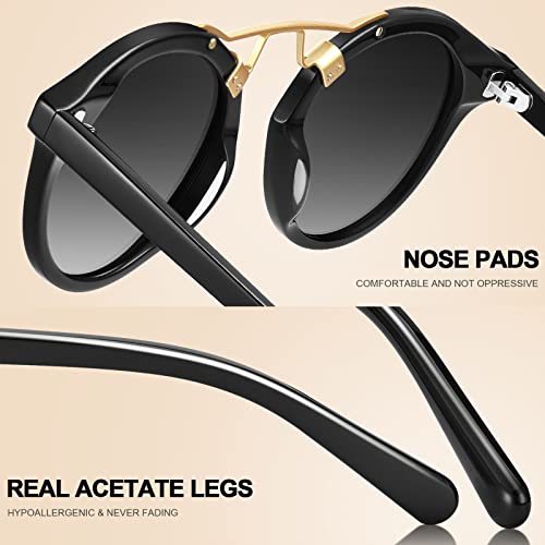 Carfia Small Black Acetate Polarized Sunglasses for Women UV Protection, Retro Double Bridge Eyewear Metal Brow Sunnies