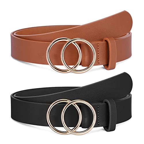SANSTHS 2 Pack Women Leather Belts Faux Leather Jeans Belt with Double O-Ring Buckle (Black & Brown, S)