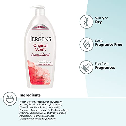 Jergens Original Scent Dry Skin Lotion, Body and Hand Moisturizer for Long Lasting Skin Hydration, with HYDRALUCENCE blend and Cherry Almond Essence, 32 Ounce