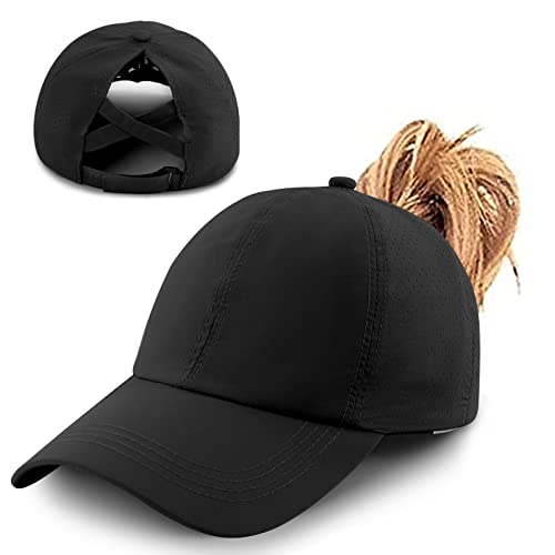 Womens Ponytail Hat Baseball Cap, Adjustable Criss Cross Baseball Cap High Bun Unisex Quick Drying Trucker Hats (ZBlack, One Size)