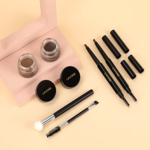 Eyebrow Stamp Stencil Kit for Eyebrows, Brow Stamp Trio Kit with Waterproof Eyebrow Pencil, Eyebrow Pomade, 20 Eyebrow Stencils, Dual-ended Eyebrow Brush and Sponge Applicator - Soft Brown