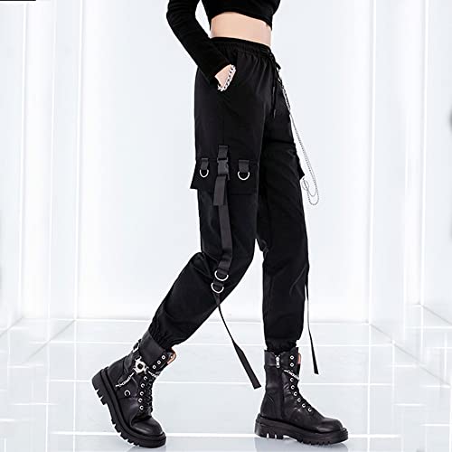 MEINVQIAOTI Black Cargo Pants for Women Techwear Women Loose Street Rock Style Casual Black Pants with Chain Goth Pants M