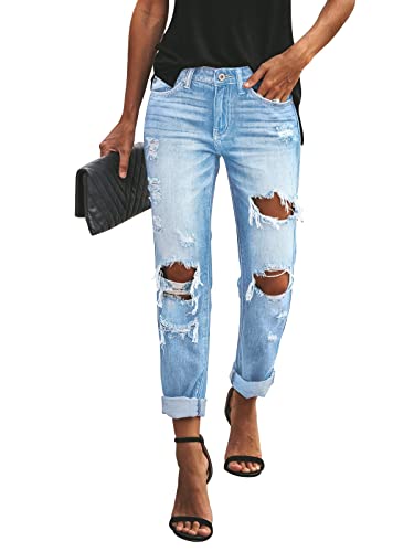 KUNMI Women's Ripped Mid Waisted Boyfriend Jeans Loose Fit Distressed Stretchy Denim Pants