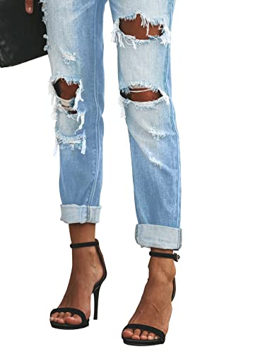 KUNMI Women's Ripped Mid Waisted Boyfriend Jeans Loose Fit Distressed Stretchy Denim Pants