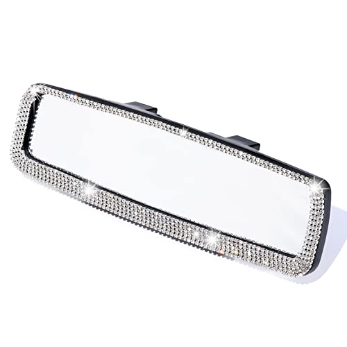 LivTee Bling Car Rearview Mirror, Car Bling Decorations Rear View Mirror with HD Glass, Bling Car Interior Accessories for Women and Teens - White