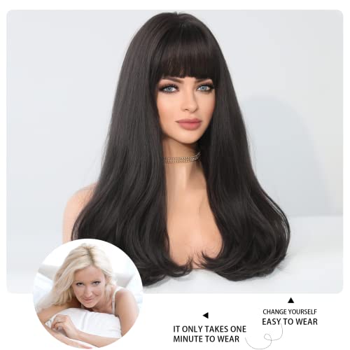 PARK YUN Black Wig with Bangs, 22 inch Long Wavy Wig for Women Heat Resistant Fiber Synthetic Wigs for Daily Party Use