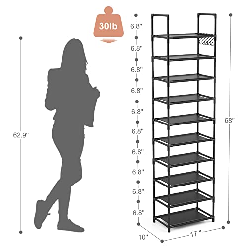 LANTEFUL 10 Tiers Tall Shoe Rack 20-25 Pairs Shoe and Boots Organizer Storage Sturdy Shoe Shelf, Narrow Shoe Rack for Entryway, Black Shoe Organizer for Closets with Hooks