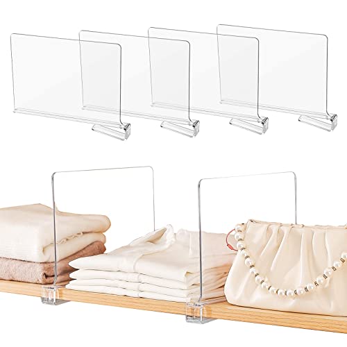 Sclvdi Acrylic Shelf Dividers,4 Pcs Closets Shelf Organizer for Clothing Handbags Books in Pantry, Bedroom and Kitchen, Adjustable Clear Closet Separator Wood Shelves Organize