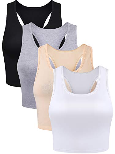 Boao 4 Pieces Basic Crop Tank Tops Sleeveless Racerback Crop Top for Women(Black, White, Light Grey, Beige,Medium)