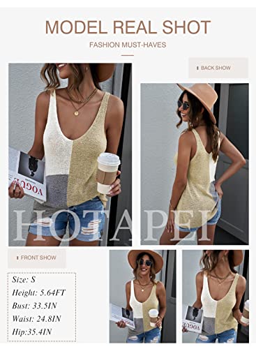 HOTAPEI Women's Knit Tank Tops Casual V Neck Colorblock Flowy Sleeveless Cami Summer Blouses Apricot Large