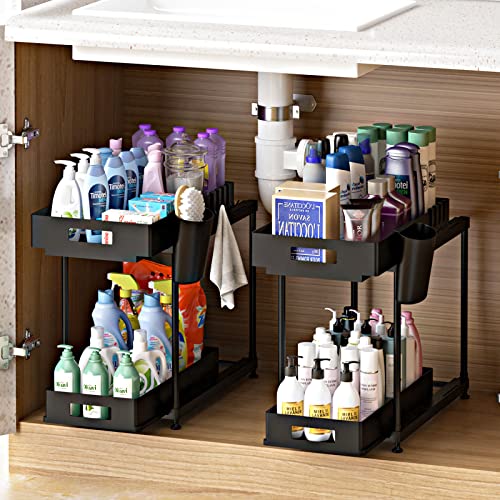 NYYTGE Double Sliding Under Sink Bathroom Organizer, 2 Pack Under Sink Organizers and Storage, Pull Out Kitchen Cabinet Organizer, Under Cabinet Storage Racks for Home Kitchen Organization