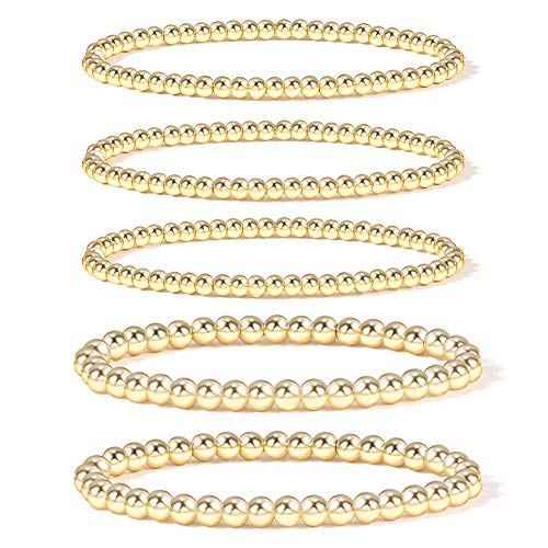 Gold Bead Bracelet for Women,14K Gold Plated Bead Ball Bracelet Stretchable Elastic Bracelet