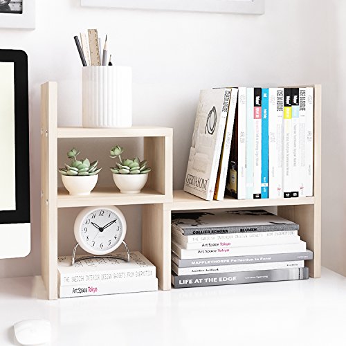 Jerry & Maggie - Desktop Organizer Office Storage Rack Adjustable Wood Display Shelf | Birthday Gifts - Toy - Home Decor | - Free Style Rotation Display - True Natural Stand Shelf White Wood Tone