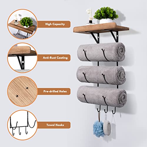 Towel Rack Wall Mounted for Bathroom, IRIIJANE Metal Bath Towel Holder Storage Hand Towels w/ Wood Shelf and 3 Hooks for Small Bathroom Organizer Decor or RV Camper, Black