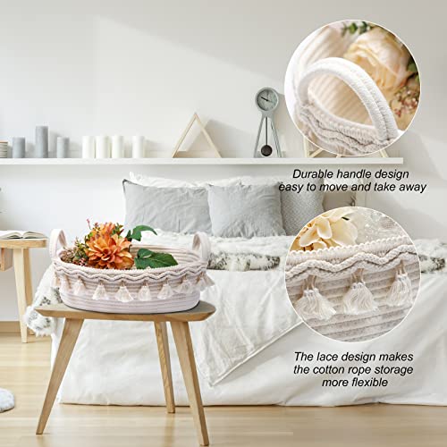 Small Boho Decor Storage Basket Macrame Cotton Rope Woven Baskets for Organizing Toilet Paper Baskets for Bathroom Decor Decorative Basket for Bedroom Nursery Livingroom Entryway,Set of 2,White