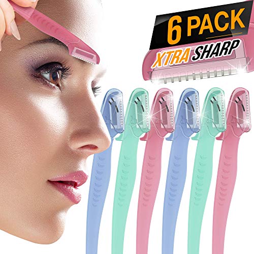 Nylea Eyebrow Razor Trimmer [Extra Precision] Disposable Facial Hair Shaper Remover, Dermaplaning Dermaplane Shaving Tool - Facial Shave Shaver with Precision Cover for Men & Women (6 Pack)